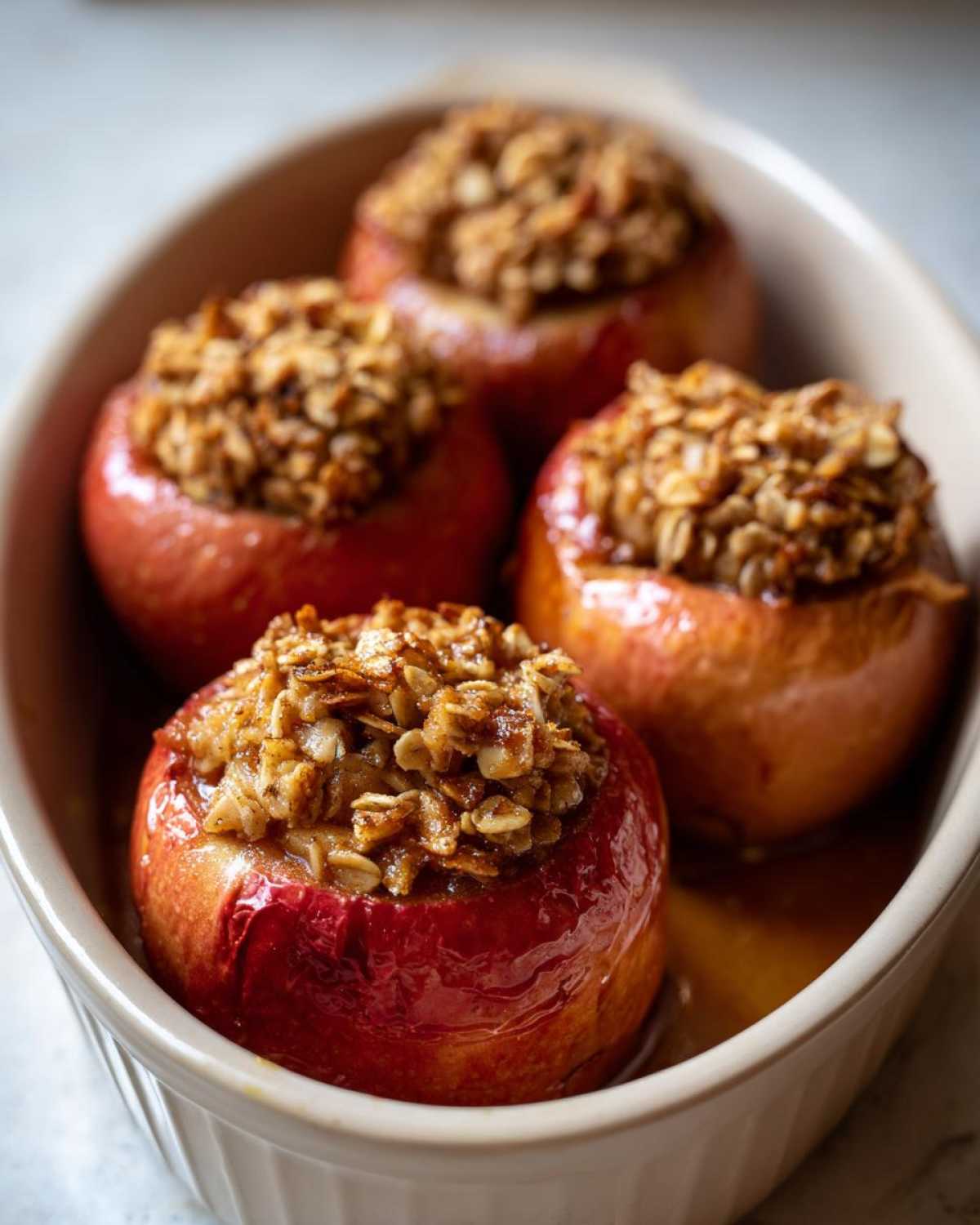 Four glistening, ruby-red baked apple desserts topped with a crunchy oat crumble, sitting in a baking dish.