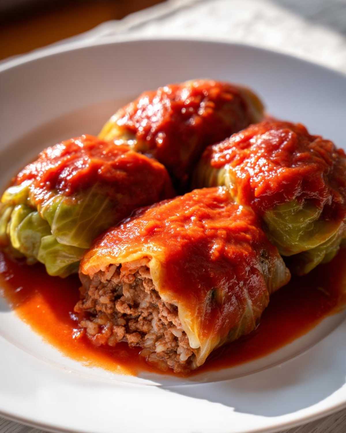Four cooked cabbage rolls served on a white plate, generously topped with bright red tomato sauce.