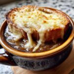 Close-up of a crock of rich french onion soup topped with a toasted crouton and gooey, melted Gruyère cheese.