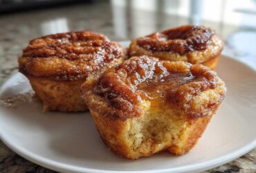 Three delicious french toast muffins on a white plate, one with a bite taken out, showing the soft interior.