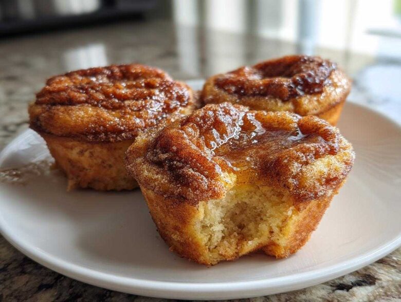 Three delicious french toast muffins on a white plate, one with a bite taken out, showing the soft interior.