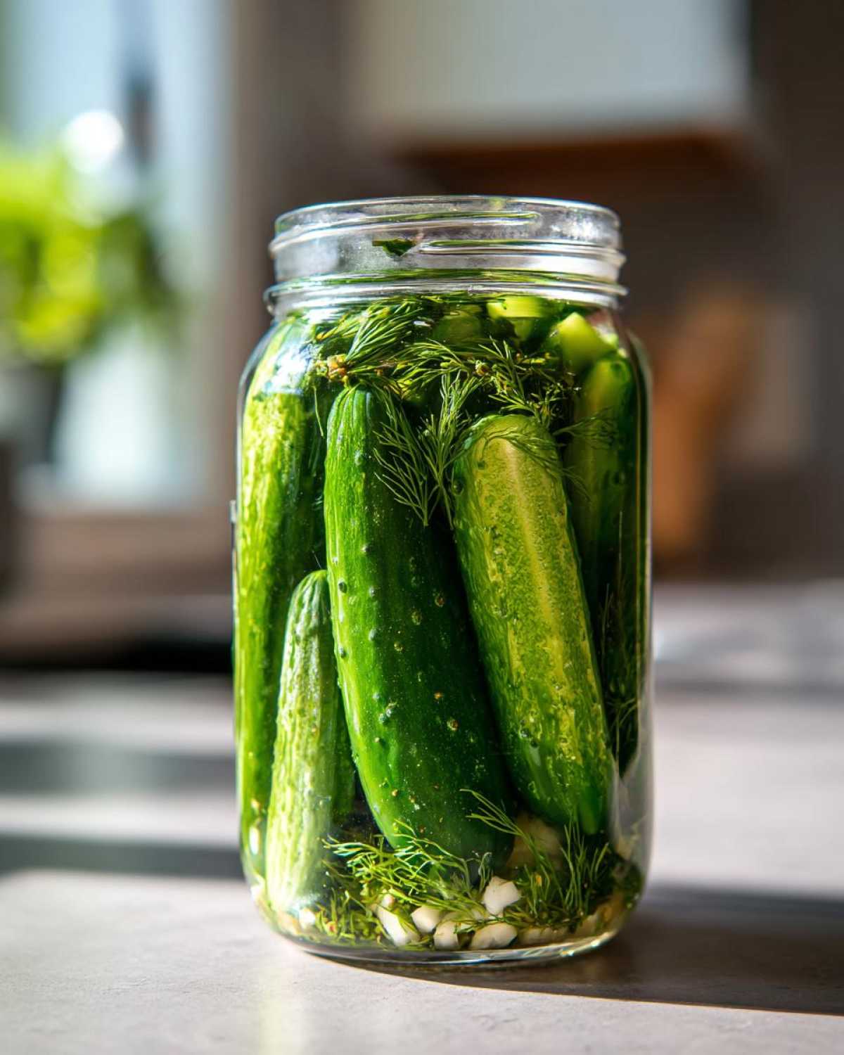 Close-up of fresh cucumbers packed tightly in a glass jar with dill and garlic for refrigerator pickles.