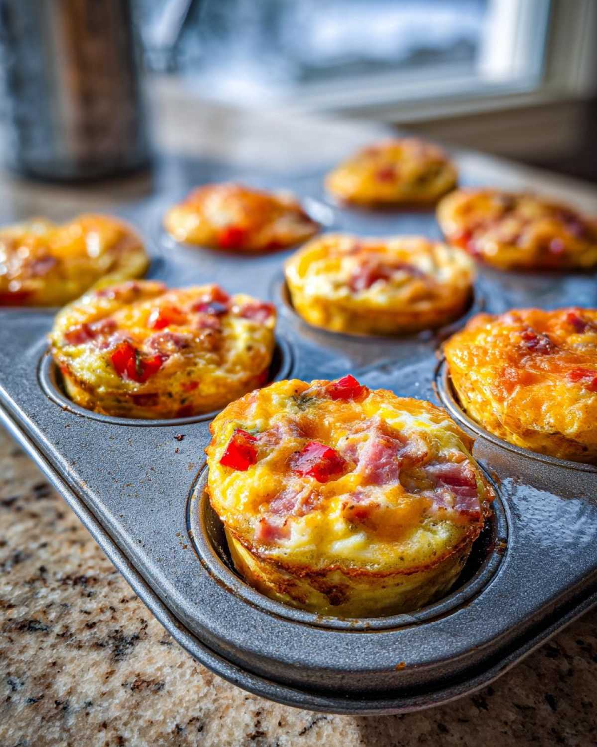 Close-up of savory Egg Muffin Cups with ham and red peppers baked in a muffin tin.