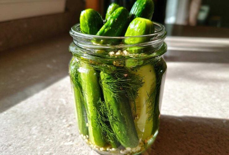 A glass jar filled with fresh cucumbers, dill, and spices for making refrigerator pickles, sitting in sunlight.