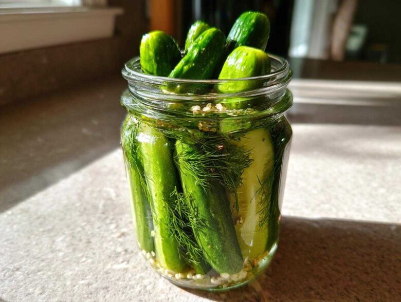 A glass jar filled with fresh cucumbers, dill, and spices for making refrigerator pickles, sitting in sunlight.
