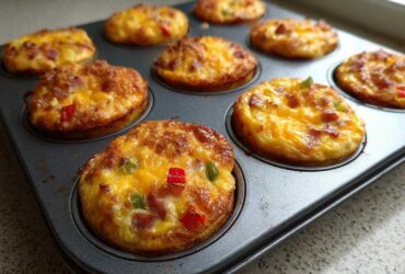 Close-up of several golden-brown Egg Muffin Cups baked in a dark muffin tin, topped with melted cheese and visible peppers.