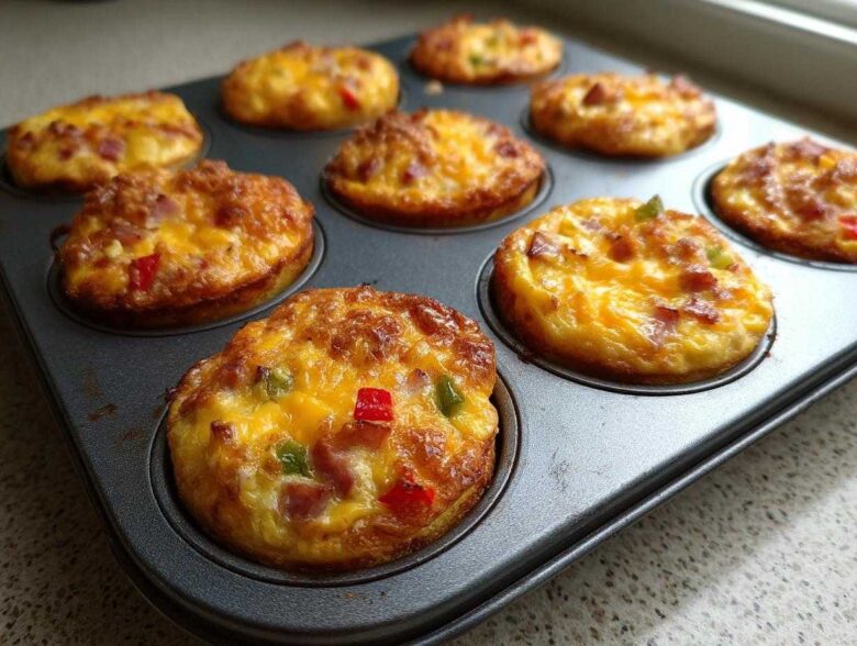 Close-up of several golden-brown Egg Muffin Cups baked in a dark muffin tin, topped with melted cheese and visible peppers.