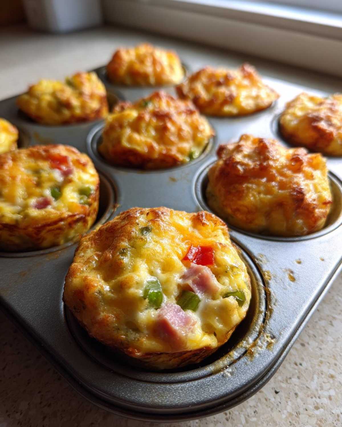 Close-up of freshly baked Egg Muffin Cups with ham, red, and green peppers in a metal muffin tin.