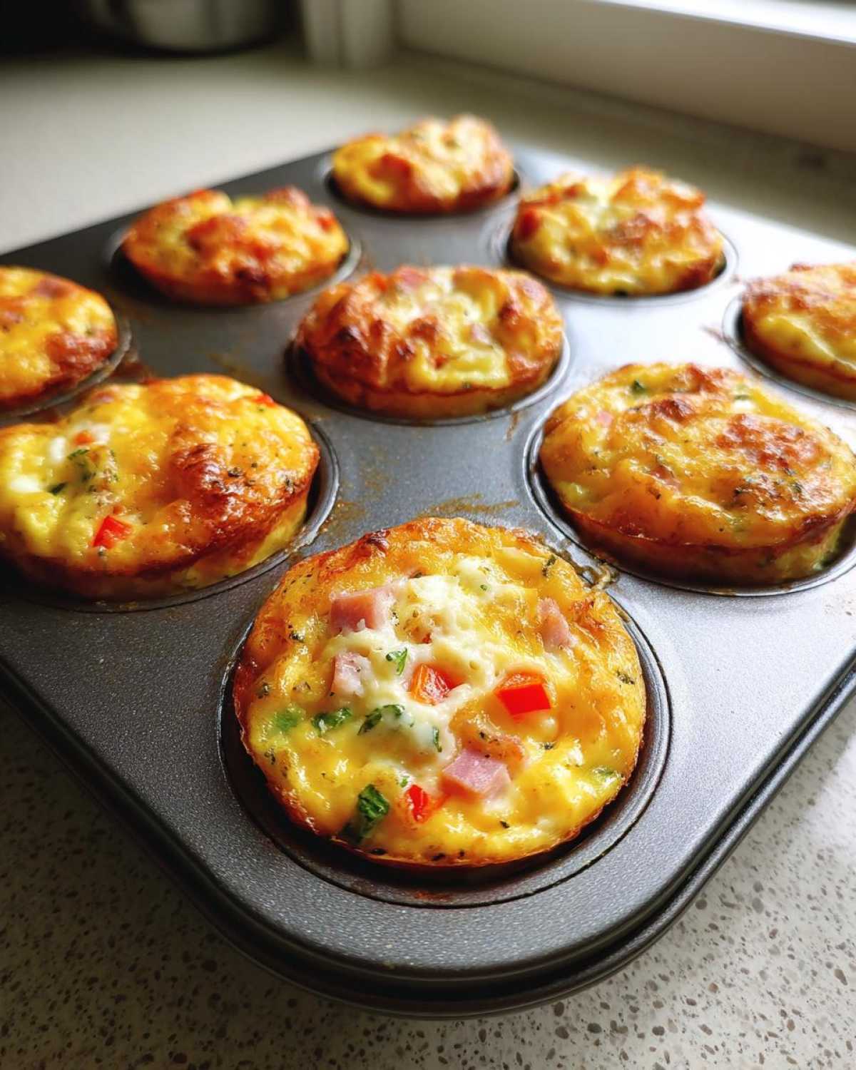Close-up of golden brown Egg Muffin Cups baked in a metal tin, featuring ham and colorful peppers.
