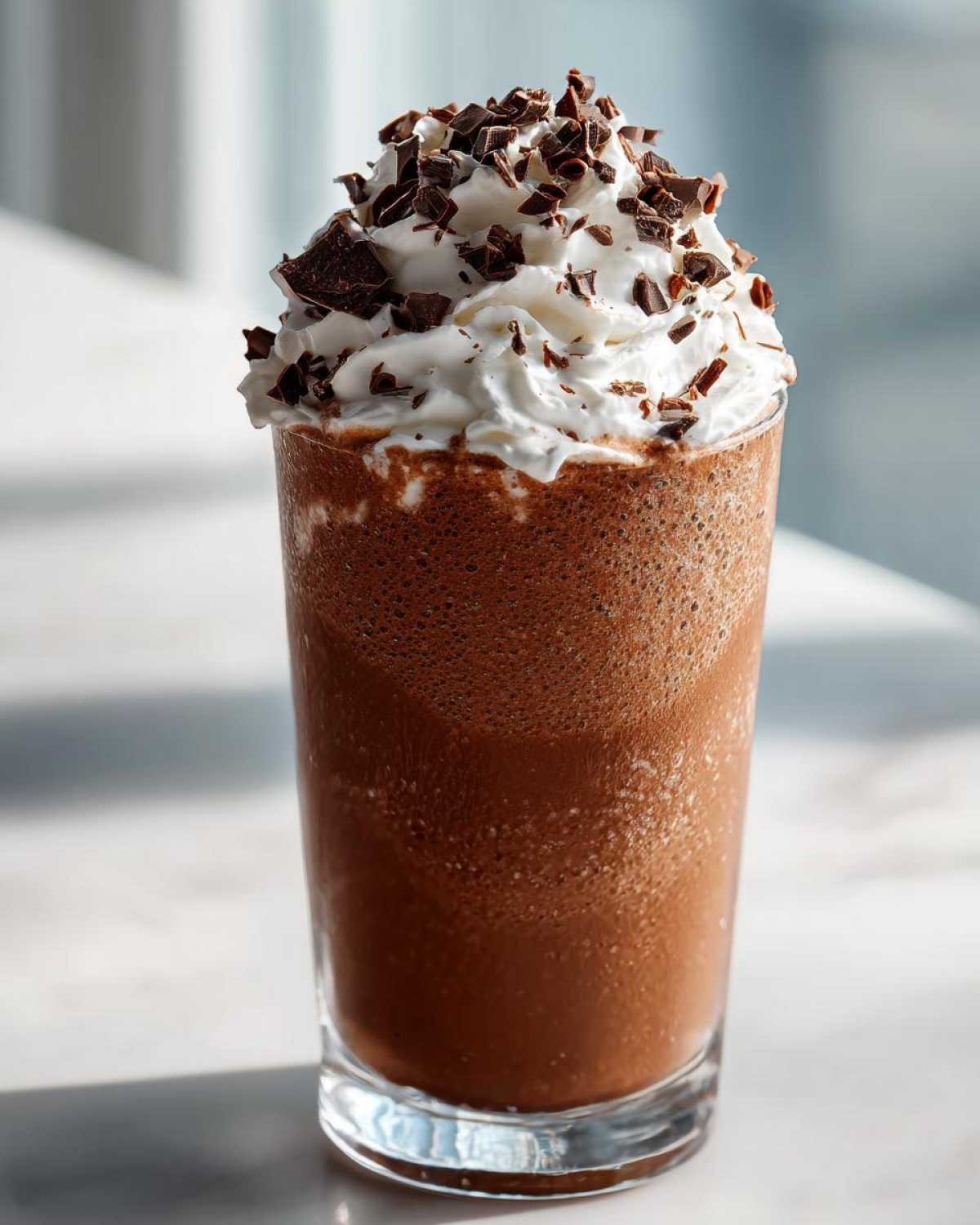 A tall glass filled with rich, blended frozen hot chocolate topped with whipped cream and chocolate shavings.