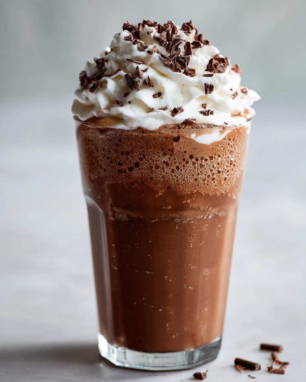 A tall glass filled with rich, blended frozen hot chocolate topped with whipped cream and chocolate shavings.