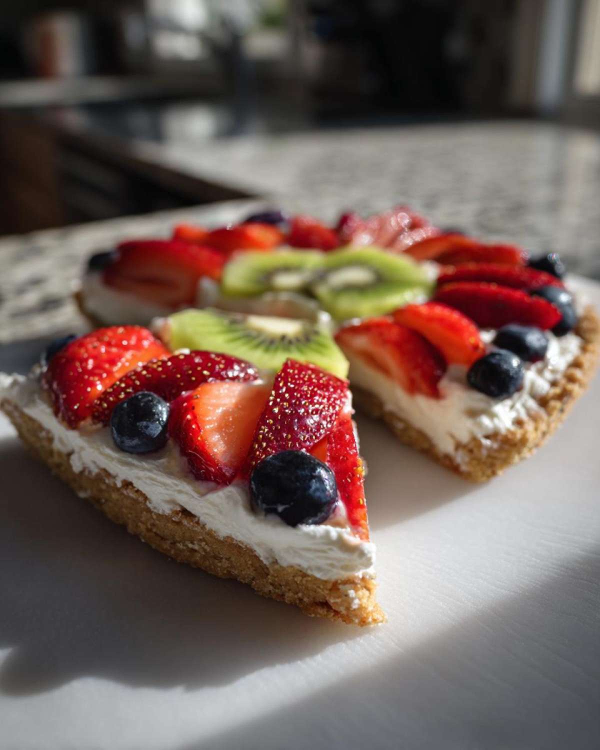 A slice of fruit pizza sugar cookie topped with cream cheese frosting, strawberries, blueberries, and kiwi slices.