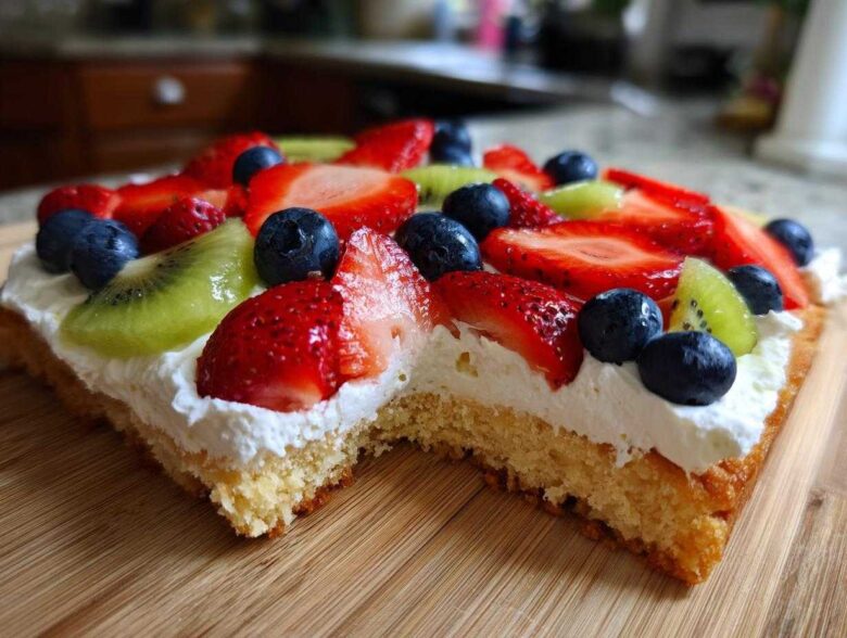 Close-up of a slice of fruit pizza sugar cookie topped with whipped cream, strawberries, blueberries, and kiwi.