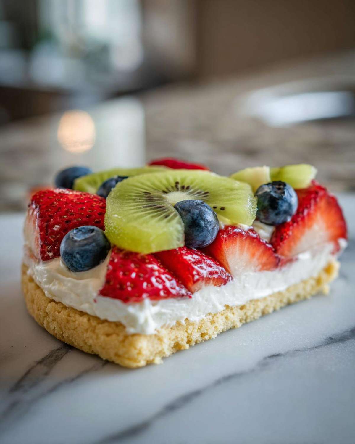 Close-up of a slice of fruit pizza sugar cookie topped with whipped cream, strawberries, blueberries, and kiwi.