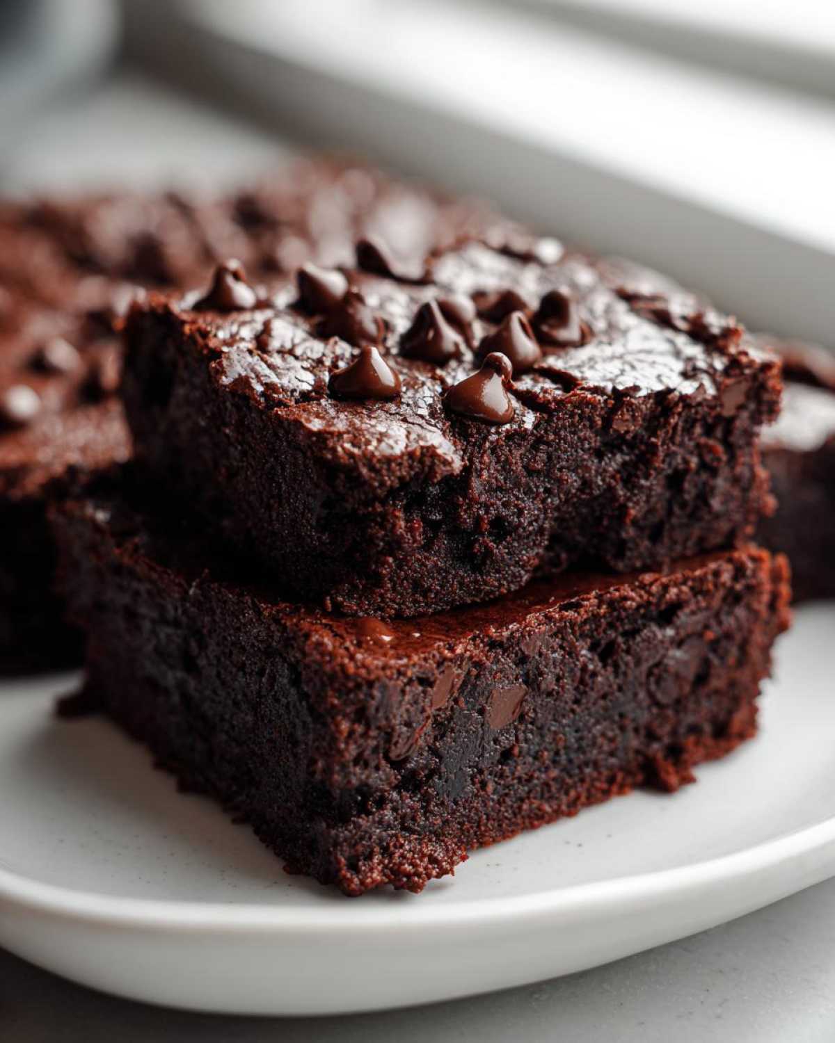 Two fudgy, dark chocolate black bean brownies stacked on a white plate, topped with melted chocolate chips.