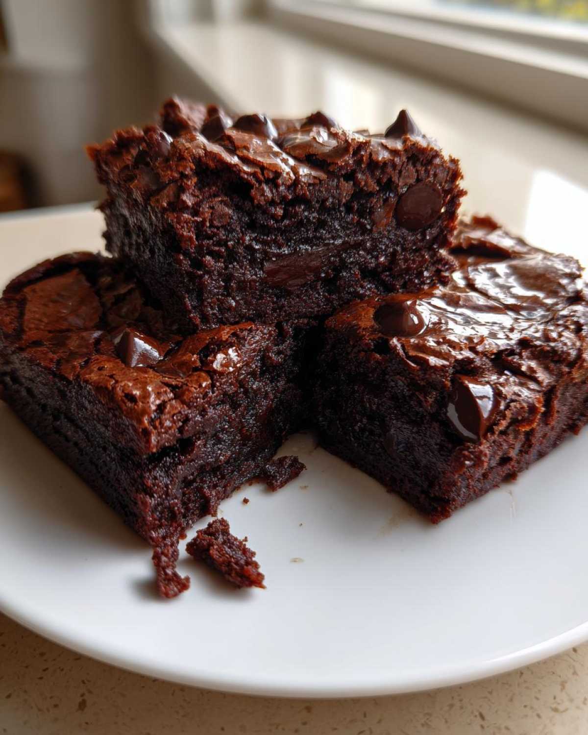 Three fudgy, dark chocolate black bean brownies stacked on a white plate, topped with melted chocolate chips.
