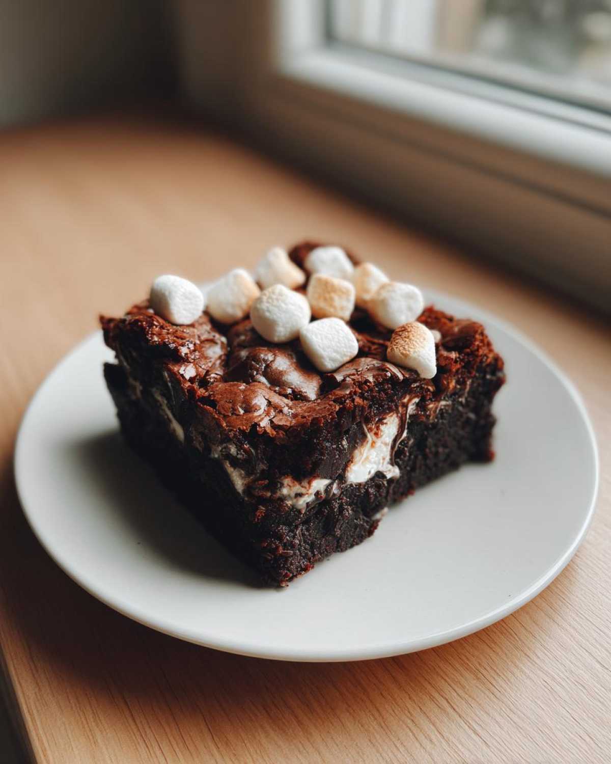 A fudgy hot chocolate brownie square topped with mini marshmallows, served on a white plate.