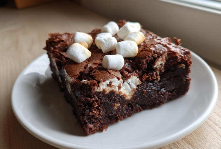 A fudgy square of hot chocolate brownies topped with mini marshmallows on a white plate.