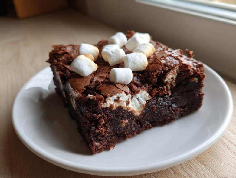 A fudgy square of hot chocolate brownies topped with mini marshmallows on a white plate.