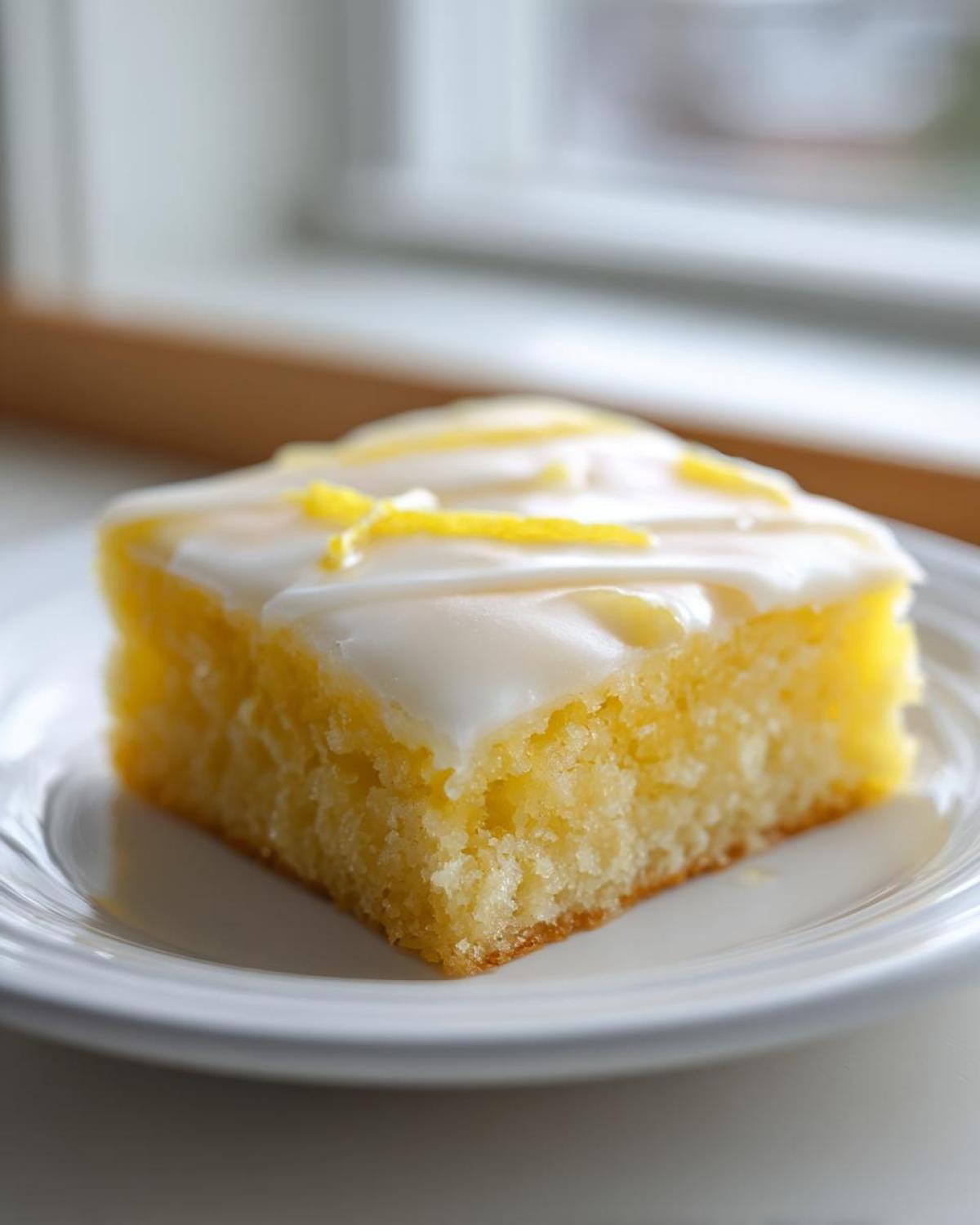 A square slice of fudgy Lemon Brownies topped with white glaze and lemon zest.