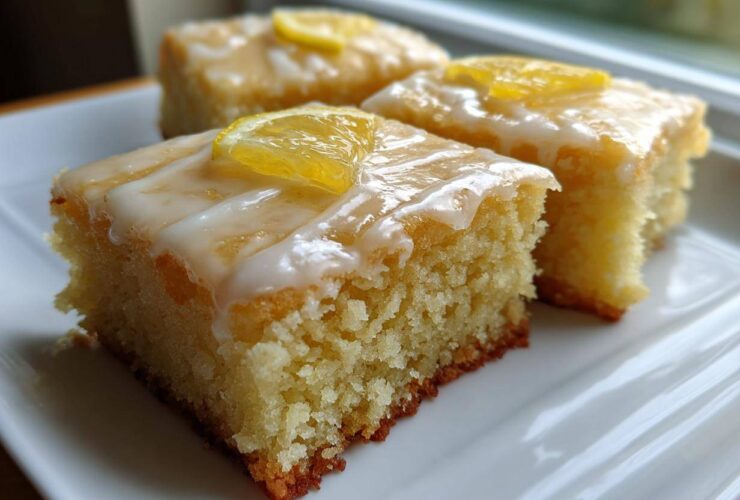 Three squares of fudgy Lemon Brownies topped with white glaze and candied lemon slices on a white plate.