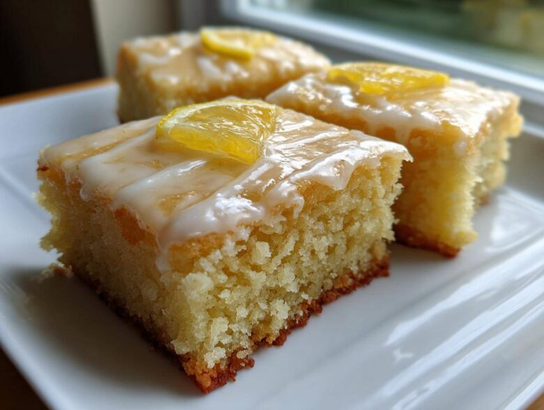 Three squares of fudgy Lemon Brownies topped with white glaze and candied lemon slices on a white plate.