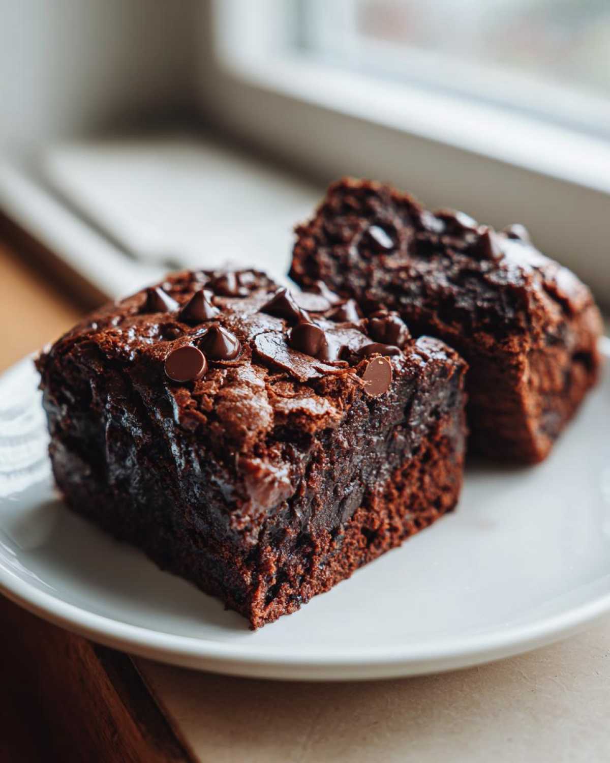 Two fudgy sweet potato brownies topped with melted chocolate chips, served on a white plate.