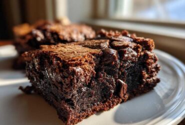 Close-up of a fudgy sweet potato brownies square showing its dense, moist interior and chocolate chips.