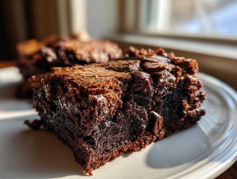Close-up of a fudgy sweet potato brownies square showing its dense, moist interior and chocolate chips.