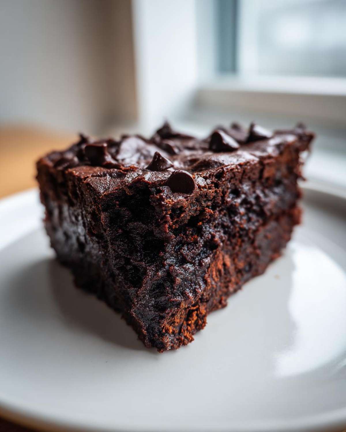 Close-up of a thick, fudgy slice of sweet potato brownies topped with chocolate chips on a white plate.