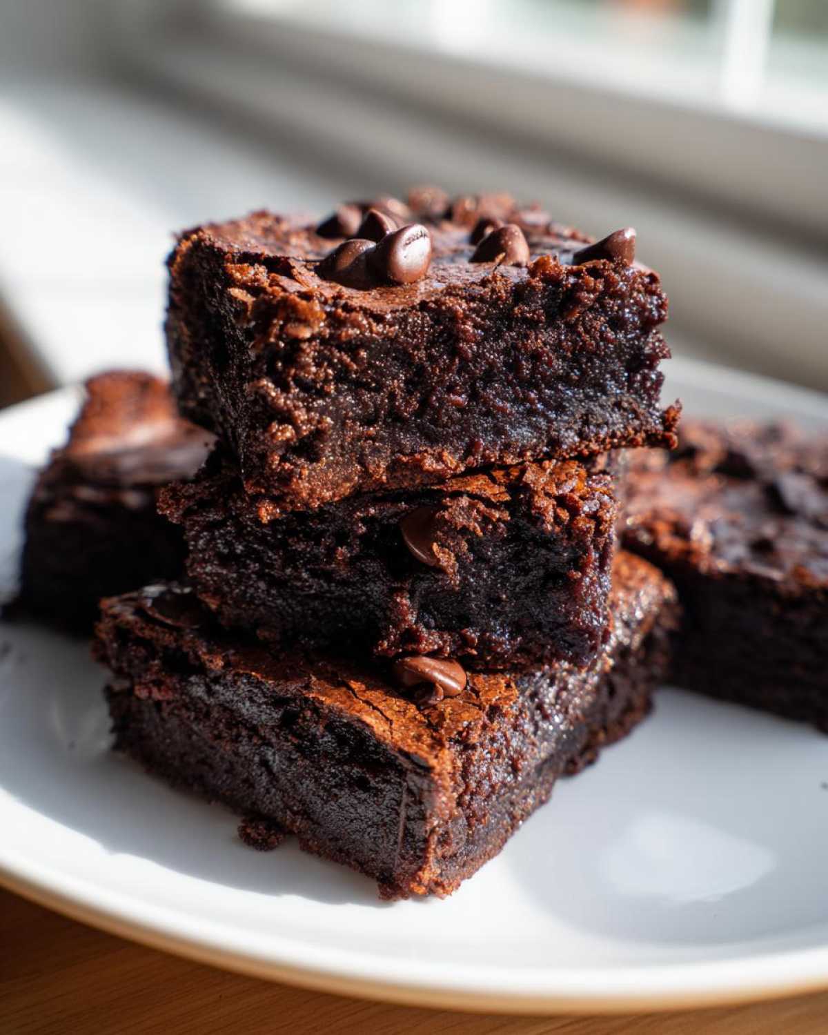 Close-up of a stack of fudgy sweet potato brownies topped with melted chocolate chips on a white plate.
