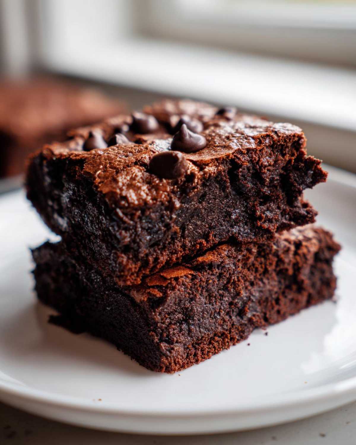 Two fudgy sweet potato brownies stacked on a white plate, topped with chocolate chips.