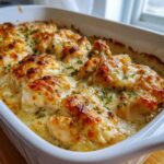 Close-up of a white baking dish filled with bubbling Garlic parmesan chicken bake topped with melted, browned cheese and parsley.
