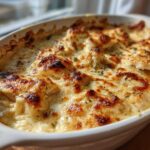 Close-up of a bubbly, baked Garlic parmesan chicken bake with a golden-brown, cheesy crust.