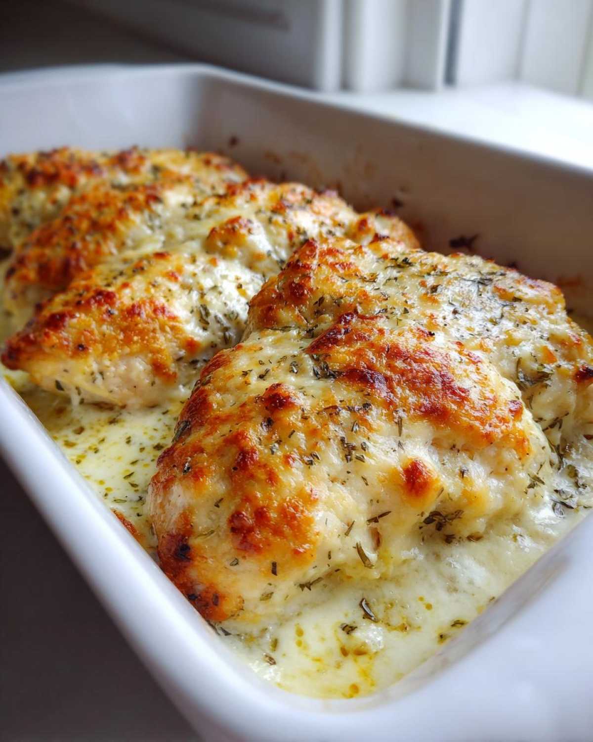 Close-up of baked Garlic parmesan chicken bake topped with melted, browned cheese and herbs in a white dish.