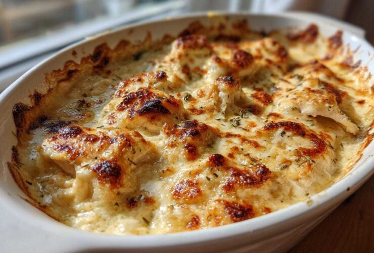 Close-up of a bubbly, baked Garlic parmesan chicken bake with a golden-brown, cheesy crust.