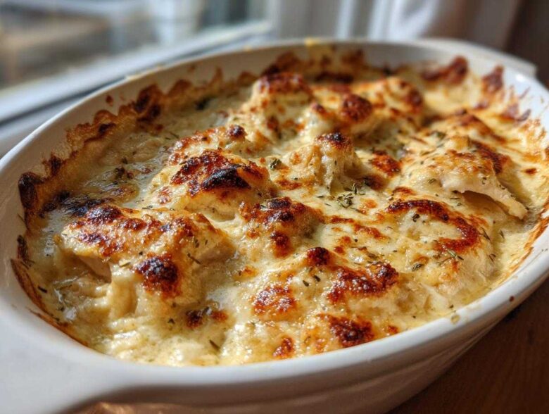 Close-up of a bubbly, baked Garlic parmesan chicken bake with a golden-brown, cheesy crust.
