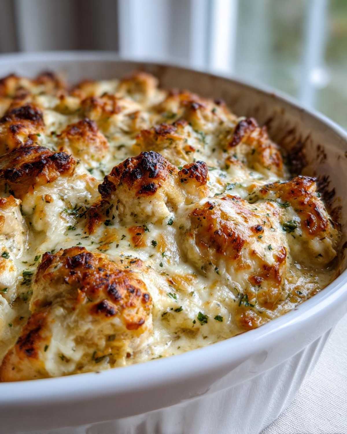 Close-up of a bubbling Garlic parmesan chicken bake in a white dish, topped with melted, browned cheese and parsley.