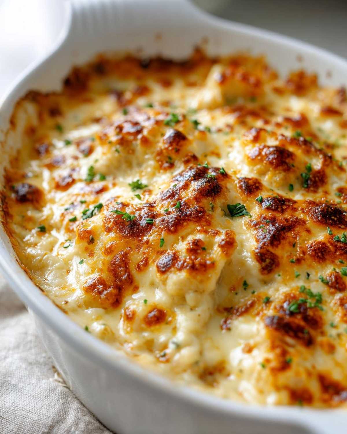 Close-up of a bubbling, cheesy Garlic parmesan chicken bake with a golden-brown, broiled top.