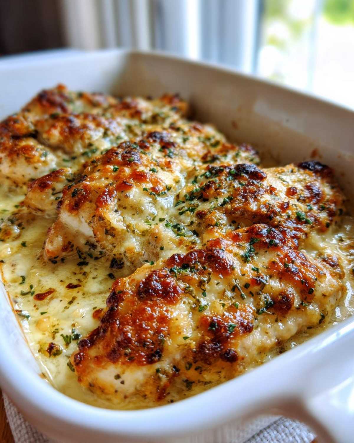 Close-up of baked garlic parmesan chicken breasts covered in melted, browned cheese and parsley in a white dish.