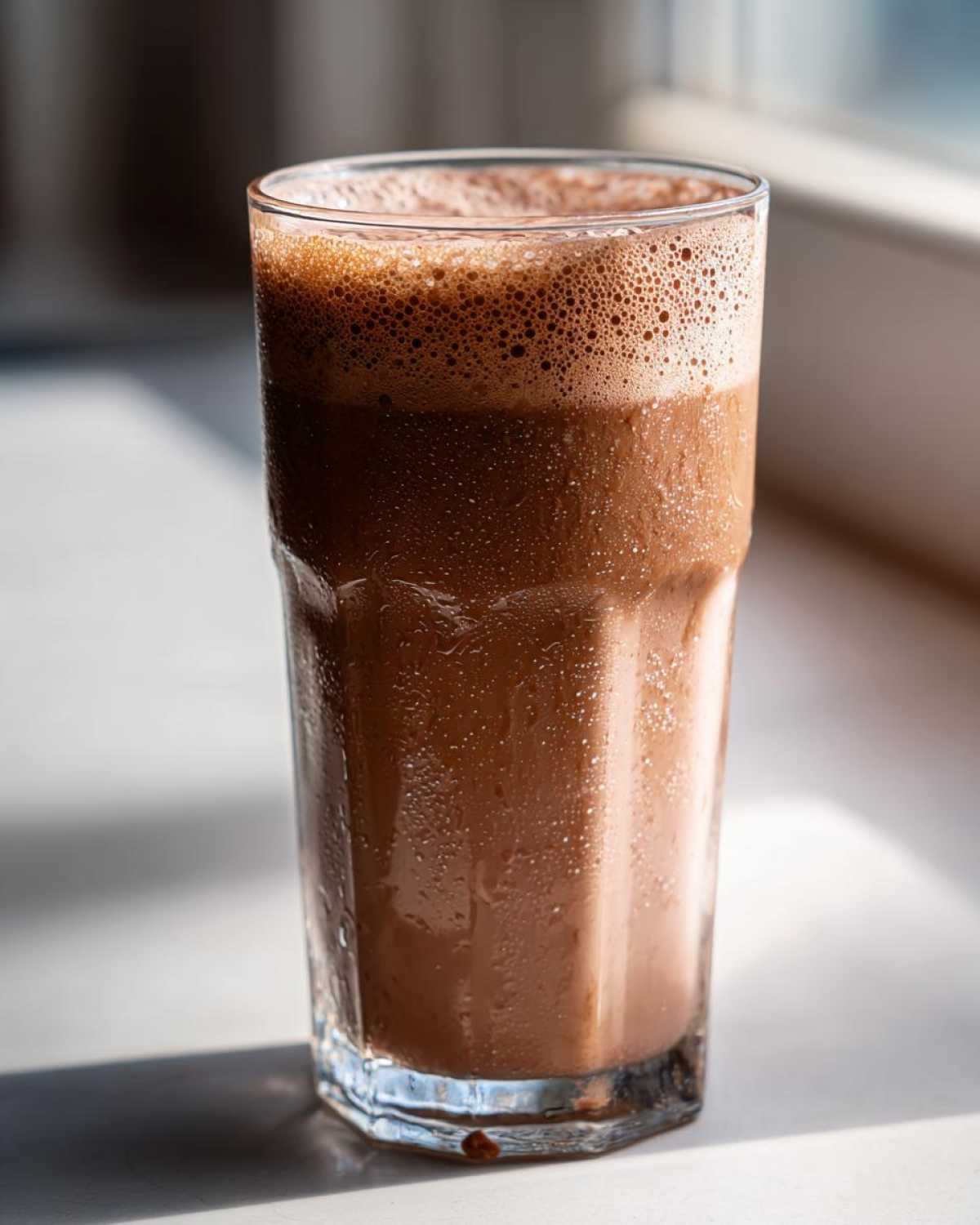 A tall, sweating glass filled with frothy, homemade chocolate milk sitting on a bright windowsill.