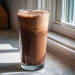 A tall, sweating glass filled with rich, frothy chocolate milk sitting on a sunlit counter.