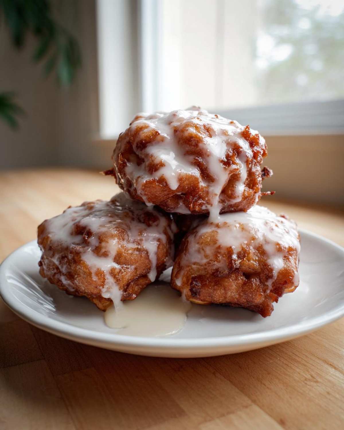 Three golden brown, glazed apple fritter pieces stacked on a white plate, dripping with sweet icing.