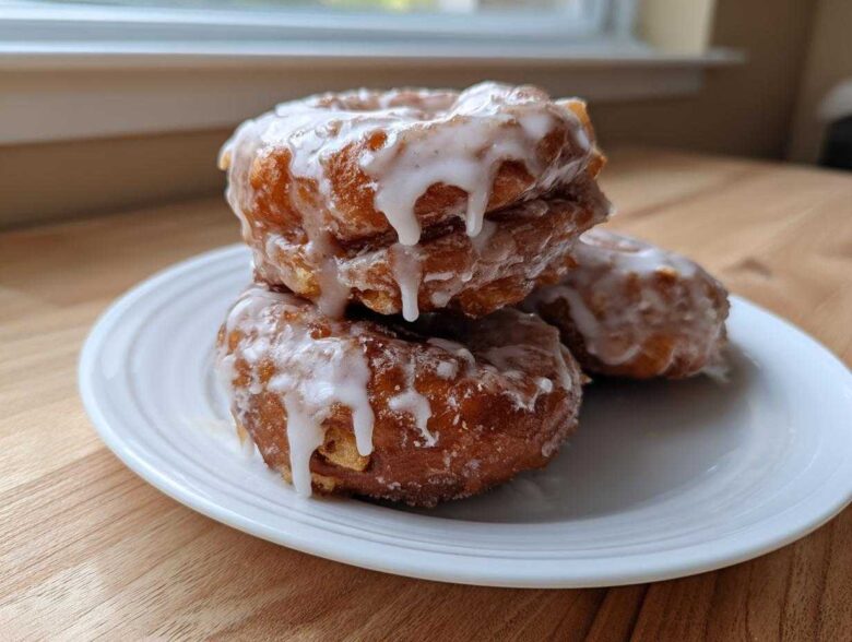Close-up of three golden brown, irregularly shaped apple fritter donuts stacked on a white plate, drizzled with white glaze.