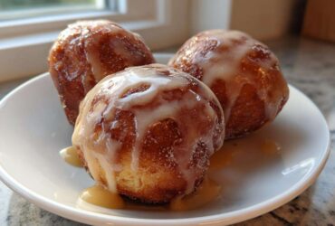 Three golden brown baked apple fritters drizzled with a thick white glaze, resting on a white plate.
