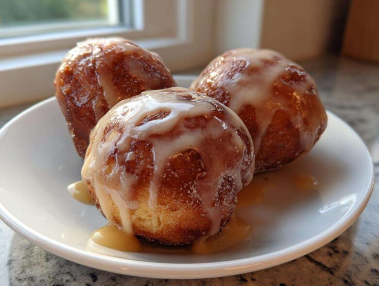 Three golden brown baked apple fritters drizzled with a thick white glaze, resting on a white plate.