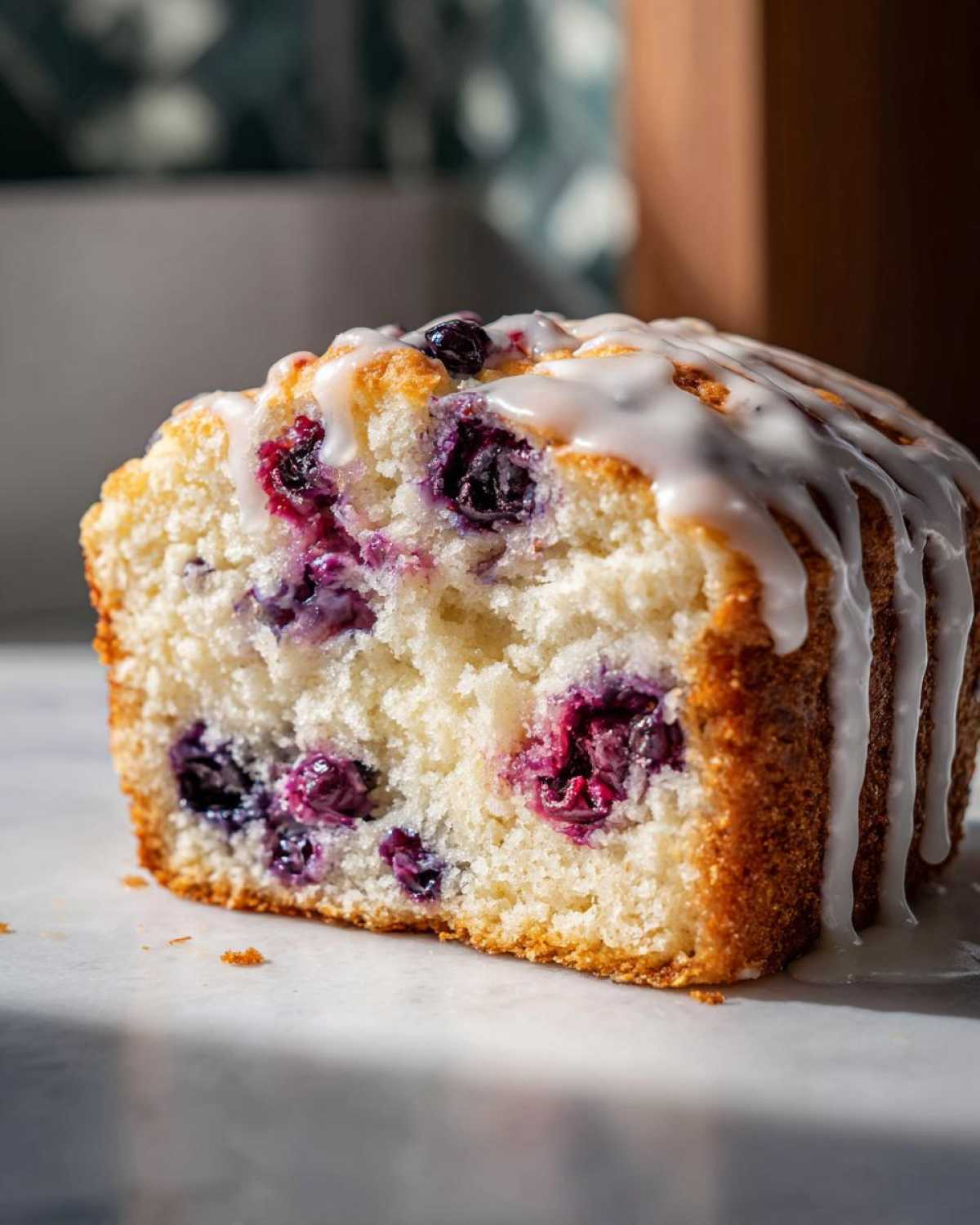 A close-up cross-section of a moist, tender blueberry scones slice topped with a thick white vanilla glaze.