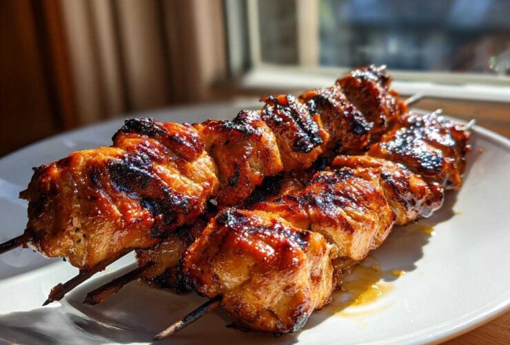 Close-up of two perfectly grilled, glazed chicken skewers resting on a white plate, featuring charred edges.