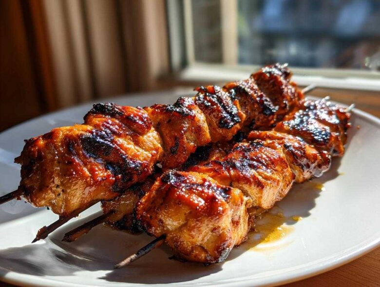 Close-up of two perfectly grilled, glazed chicken skewers resting on a white plate, featuring charred edges.