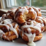 A close-up of several gooey, glazed cinnamon roll bites piled on a white plate, showing the soft interior.